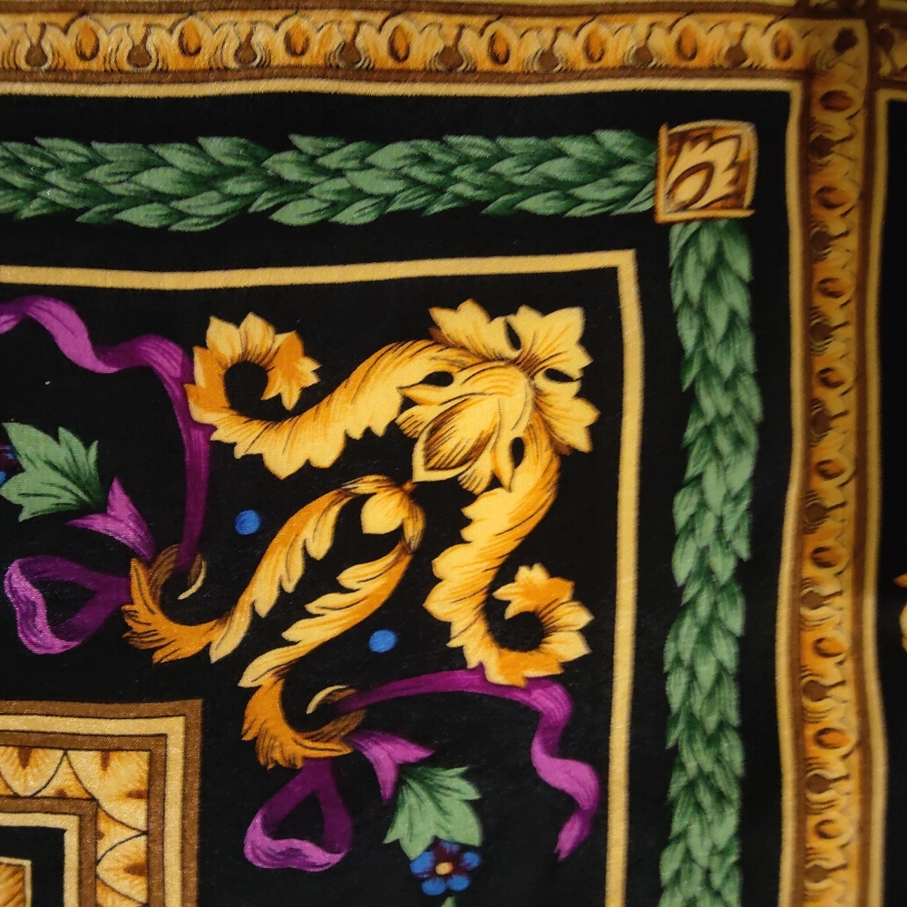 Rose Floral Baroque Square Silk Scarf with Gold Motif Border, 30"x31" - Picture 4 of 11